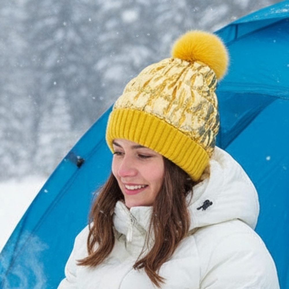 Metallic Puffer Beanie Quilted Thermal Sherpa Winter Hat Faux Fur Pom-pom Cap